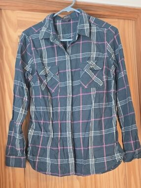 Eddie Bauer Teal Plaid Button-Down Flannel Shirt with Pink and White Stripes